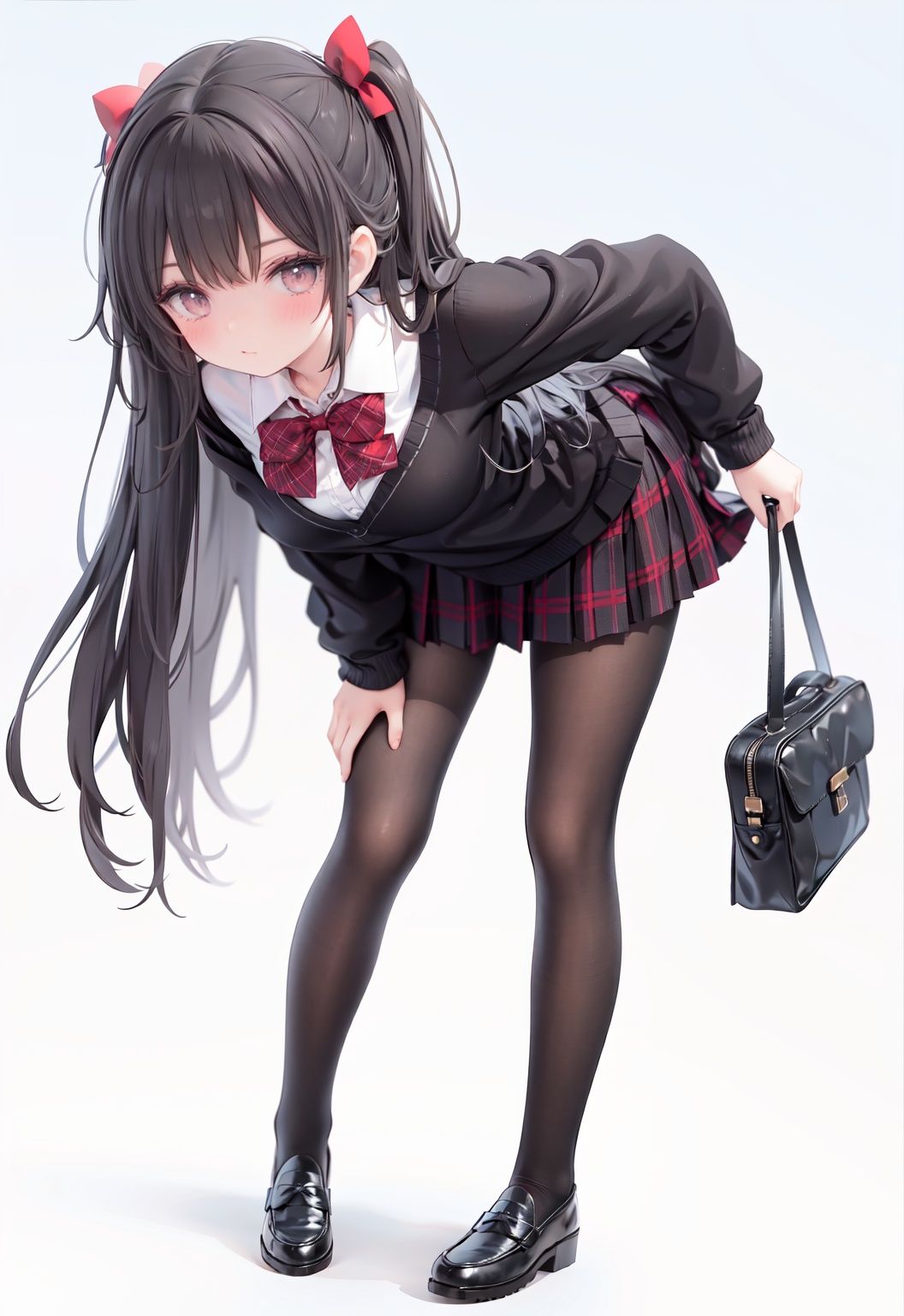  1girl, solo, pantyhose, skirt, long hair, loafers, shoes, simple background, school uniform, brown eyes, plaid, black pantyhose, plaid skirt, looking at viewer, black hair, pantyhose pull, full body, clothes pull, black footwear, pleated skirt, leaning forward, bangs, long sleeves, bent over, cardigan, bow, bowtie, standing, closed mouth, pulled by self, grey background, blush, miniskirt, red bow, sweater, **********