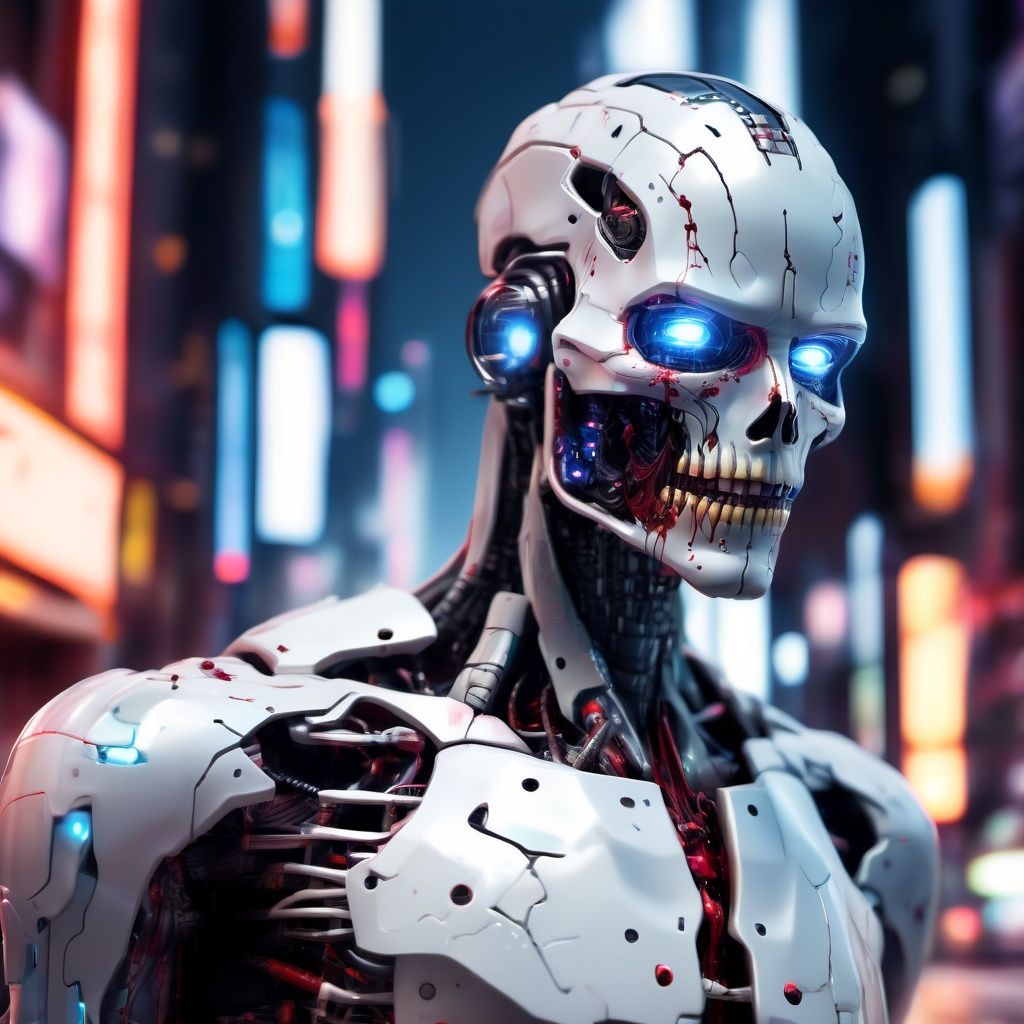 ((male, Immortal cyborg, running throught a cyberpunk city, bloody on face and body)), Ultra realistic,, realistic . 64k. abstract masterpiece, (clear glass girl filled with hyperdetailed immortal cyberetics, nitty gritty detailed pealing cybernetic skin where it had burnt back to the detailed cybernetic wiring, burnt skin, filled with Cybernetics, horror), cinema style, Masterpiece, hyperdetailed, intricately detailed, Professional photography, bokeh, natural lighting, canon lens, shot on dslr 64 megapixels sharp focus, complex,cyborg style,cyborg