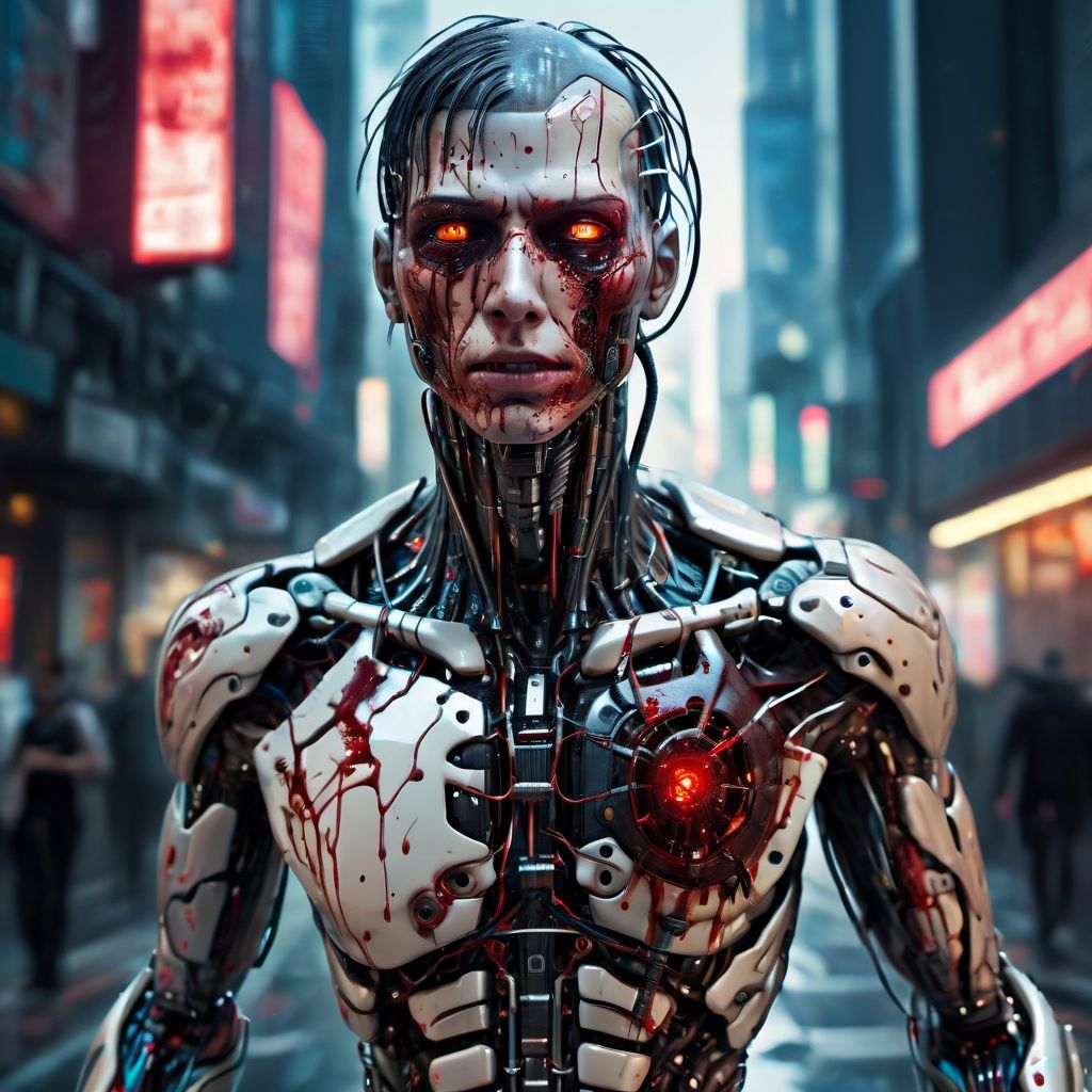 ((male, Immortal cyborg, running throught a cyberpunk city, bloody on face and body)), Ultra realistic,, realistic . 64k. abstract masterpiece, (clear glass girl filled with hyperdetailed immortal cyberetics, nitty gritty detailed pealing cybernetic skin where it had burnt back to the detailed cybernetic wiring, burnt skin, filled with Cybernetics, horror), cinema style, Masterpiece, hyperdetailed, intricately detailed, Professional photography, bokeh, natural lighting, canon lens, shot on dslr 64 megapixels sharp focus, complex,cyborg style