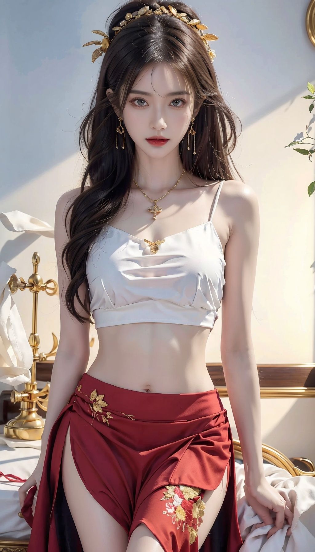 High quality, masterpiece, 1 girl, golden headdress, long hair, red scarf, ponytail, earrings, necklace, camisole, red skirt, embroidery, exposed legs, navel,golden light, gufeng, wangyushan