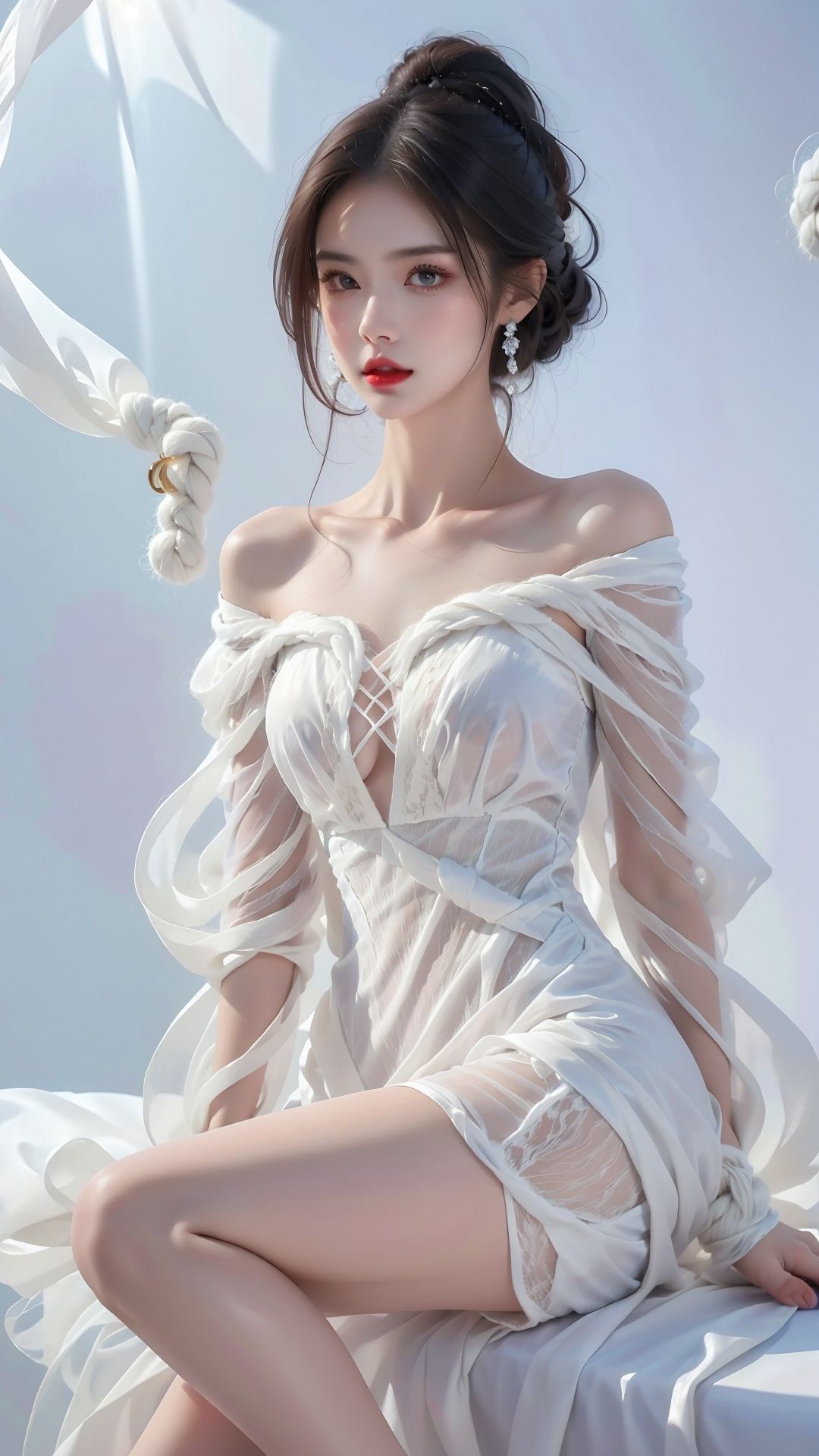  High quality, 1girl, (translucent white yarn dress: 1.5), sitting