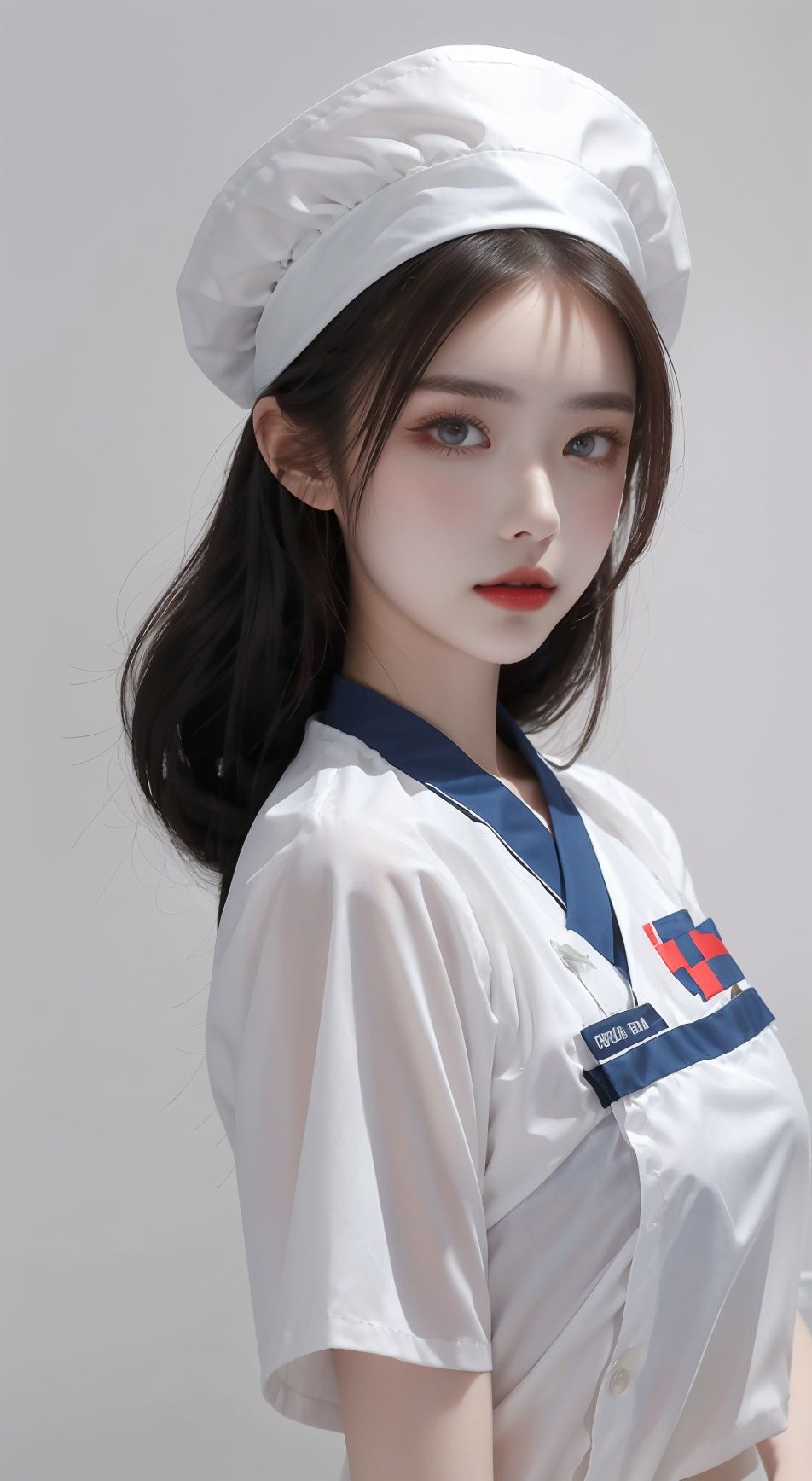  1 girl, wearing transparent white gauze nurse uniform, nurse hat, red cross,
