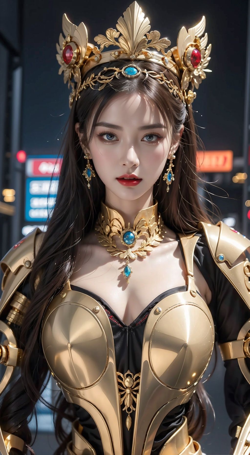  High quality, masterpiece, 1girl,Gold headwear, cleavage, earrings, （gold armor）, Mecha,close-up, wangyushan, cyborg