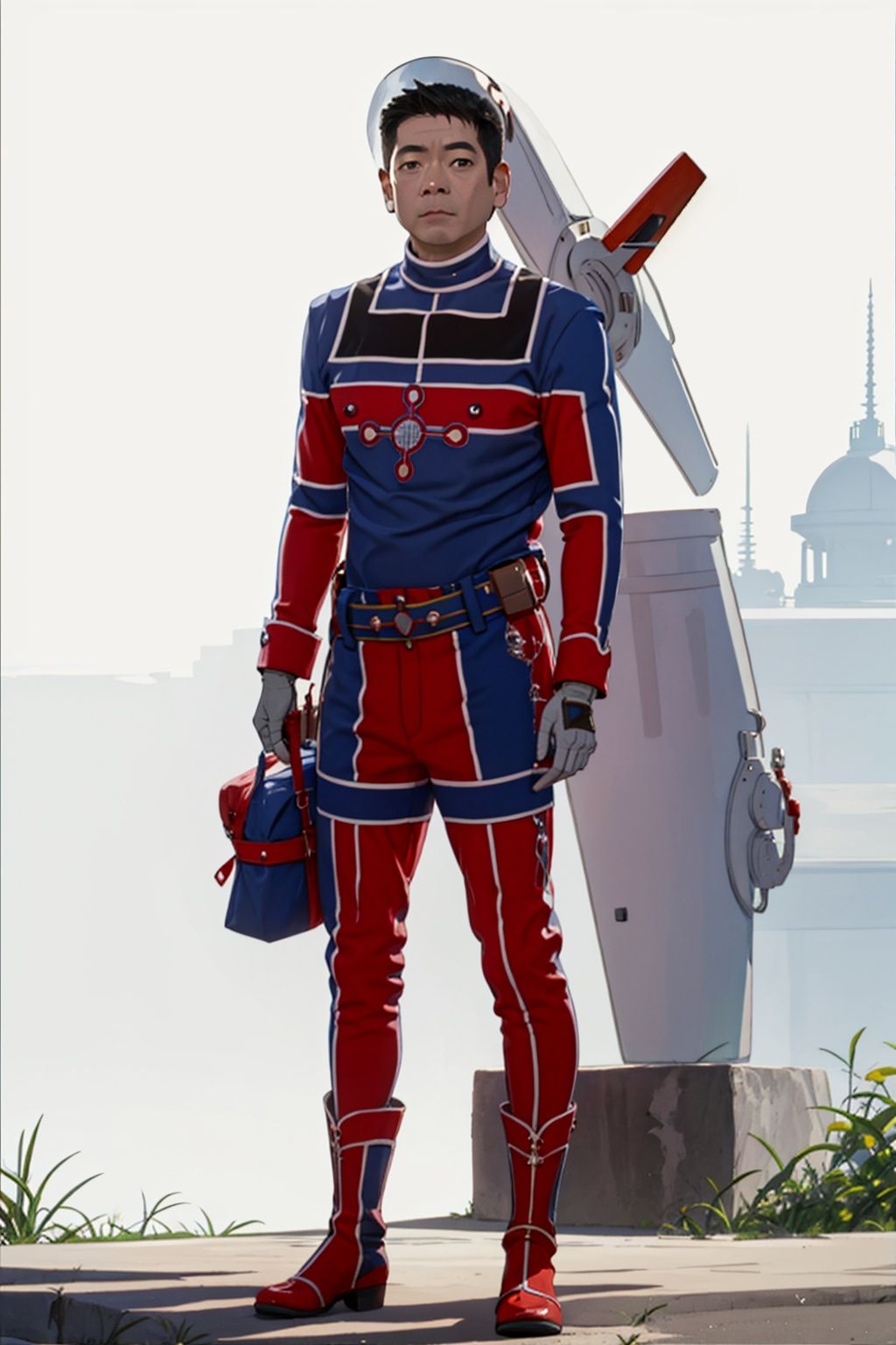  (masterpiece:1.3), (the best quality:1.2), (super fine illustrations:1.2), (Masterpiece), high quality, high detail,((white background:1.2)), looking at viewer, (SOLO:1.4),outline,,simple background,red footwear,blue bodysuit,black pattern on body,red pattern on body,collar, choker,belt,boots,emblem,military uniform,logo,pants,armor,uniform,bodysuit,choker,belt pouch, jacket, collar, helmet, gloves, fingerless gloves, belt, logo