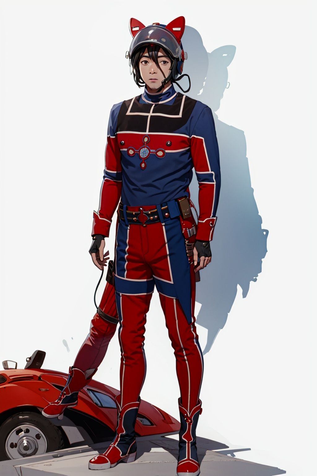  (masterpiece:1.3), (the best quality:1.2), (super fine illustrations:1.2), (Masterpiece), high quality, high detail,((white background:1.2)), looking at viewer, (SOLO:1.4),outline,,simple background,red footwear,blue bodysuit,black pattern on body,red pattern on body,collar, choker,belt,boots,emblem,military uniform,logo,pants,armor,uniform,bodysuit,choker,belt pouch, jacket, collar, helmet, gloves, fingerless gloves, belt, logo