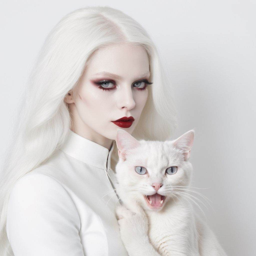 white portrait of an albino female vampire with a white cat against a white background photography on Tensor.Art