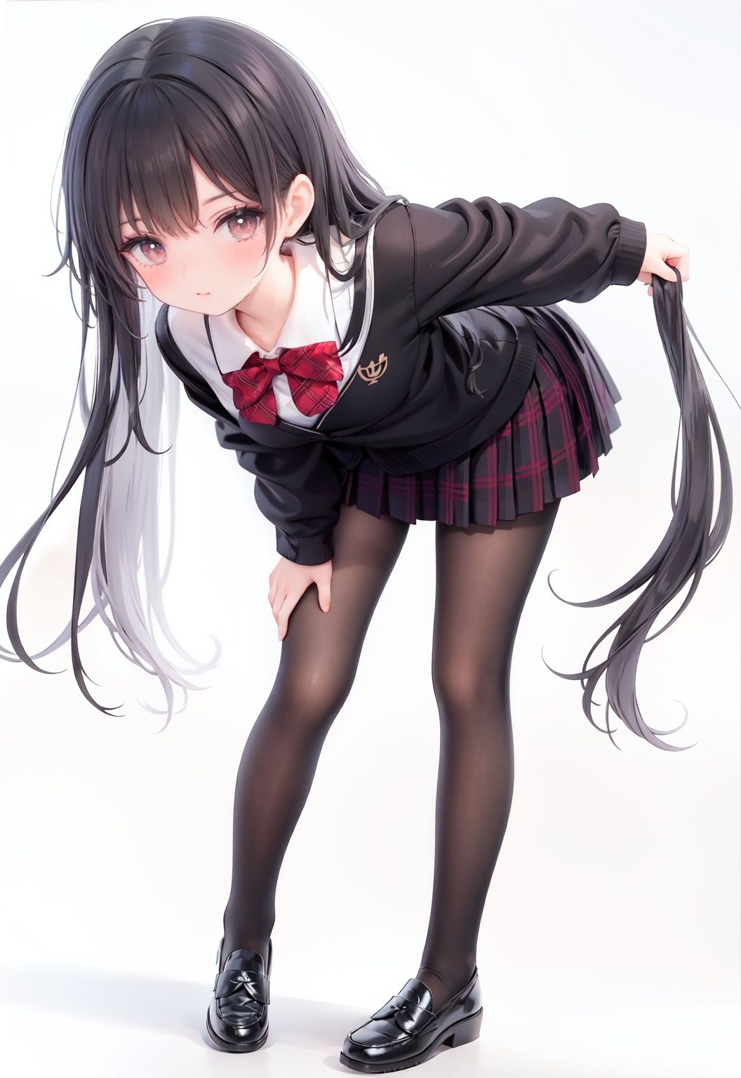  1girl, solo, pantyhose, skirt, long hair, loafers, shoes, simple background, school uniform, brown eyes, plaid, black pantyhose, plaid skirt, looking at viewer, black hair, pantyhose pull, full body, clothes pull, black footwear, pleated skirt, leaning forward, bangs, long sleeves, bent over, cardigan, bow, bowtie, standing, closed mouth, pulled by self, grey background, blush, miniskirt, red bow, sweater, **********
