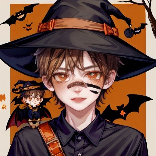 <lora:万圣节可爱头像-000005:1.1>,1boy, male focus, brown hair, bat \(animal\), solo, hat, orange background, freckles, looking at viewer, shirt, portrait, brown eyes, parted lips, witch hat, ghost, artist name, bandaid, striped shirt, white border, short hair, collared shirt, halloween