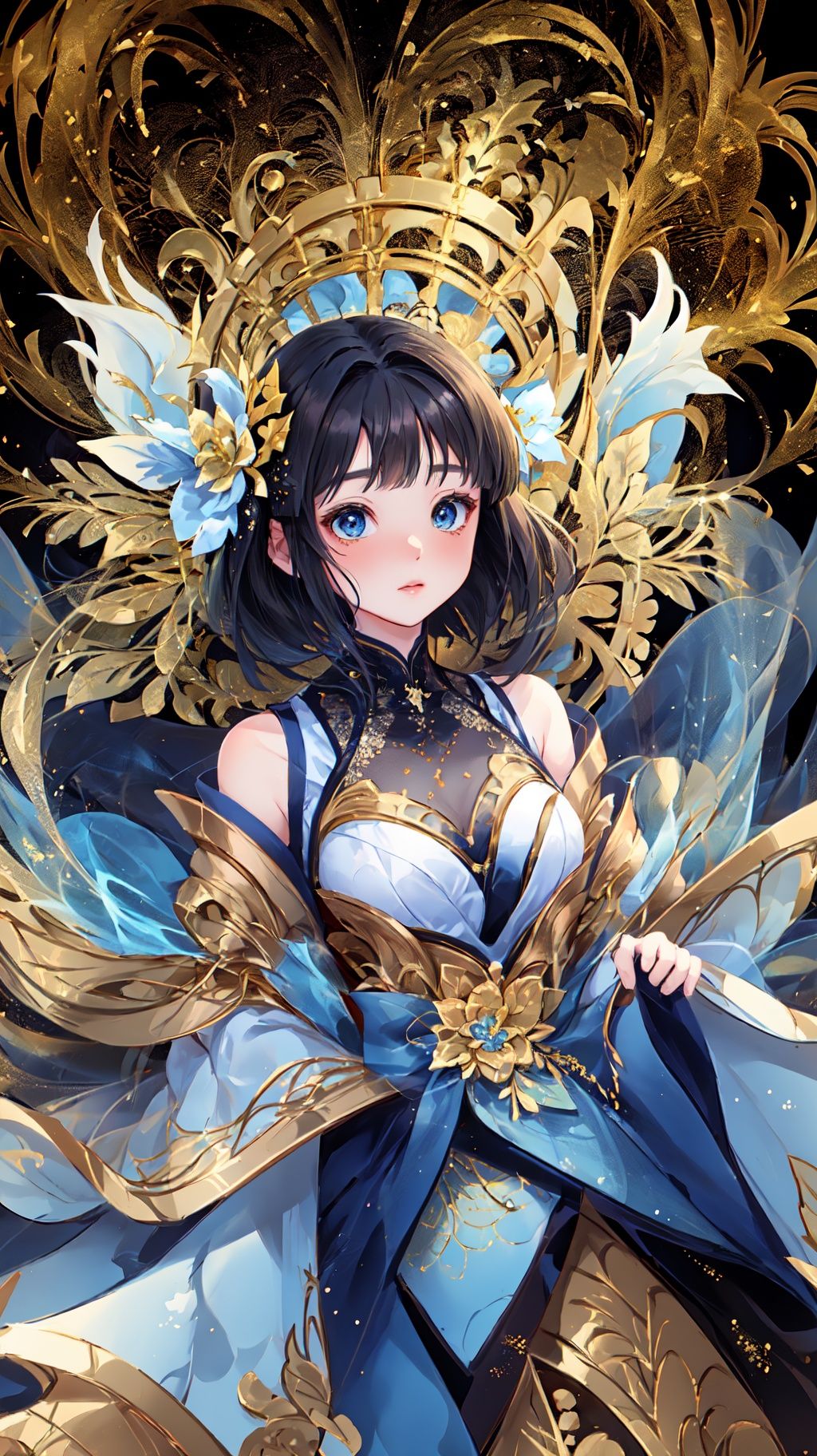  Abstract art, (Yuko Shimizumi style: 1.3), (blue and white theme: 1.1), golden theme, golden flowers, dark background flowing, 1 girl, the field of golden flowers, facing the audience
,Fractal,1girl, midjourney, 1girl