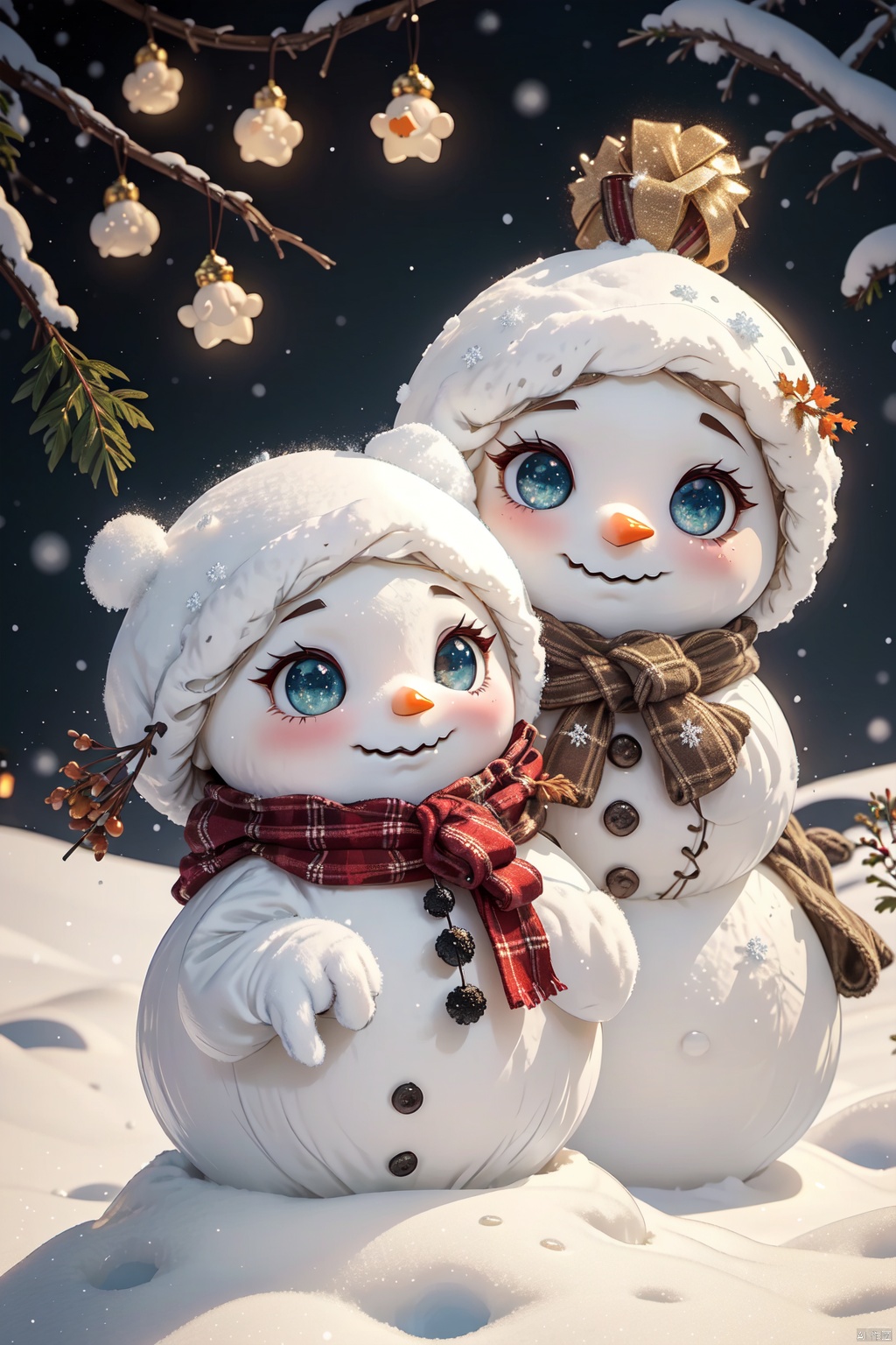  extremely detailed CG unity8 k wallpaper,masterpiece,best quality,
Theme: Cozy Winter Wonderland, Character: Snowman, Style: Warmth, Background: Snow-covered Park
Prompt words: A jolly snowman stands tall in a snow-covered park, surrounded by frosty trees and twinkling Christmas lights. Its carrot nose glows with warmth and its coal eyes sparkle with joy. Sparkling snowflakes fall gently from the sky, adding to the cozy winter wonderland atmosphere.