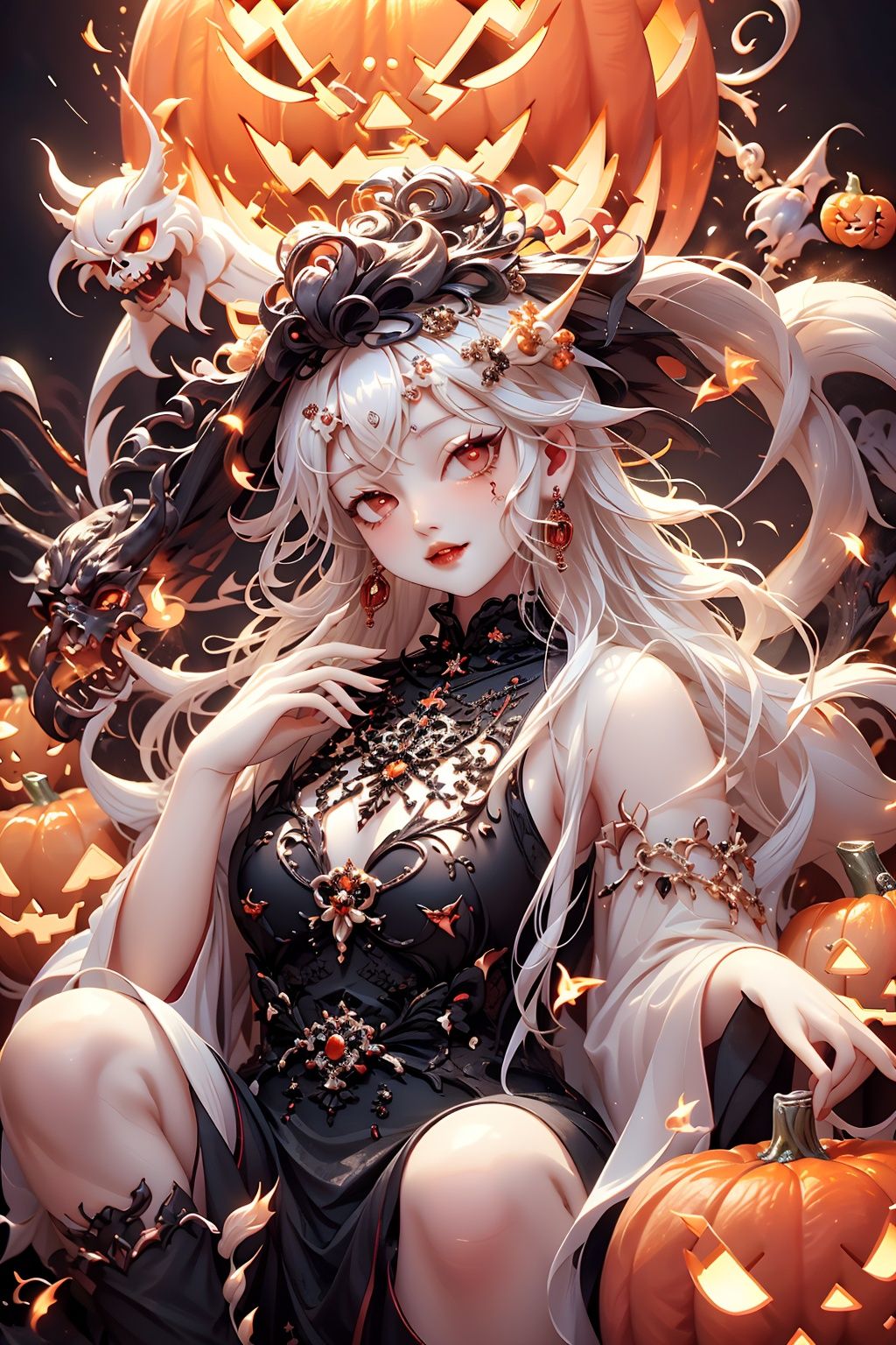  1girl,solo, photo realistic,super wide angle,evil look,eyes focus,earrings,jewelry,black hat,red eyes,face tattoo,jack-o'-lantern,pointy ears,looking at viewer,white long hair,witch hat,halloween,upper body,dress,pumpkin,white hair,black dress,breasts,black headwear,glowing,bangs,witch,thorns,castle,evening,candle,embers,black background,full moon,blood lips,medium breasts,fire,3D rendering,zichun, binmayong, yudiao, shidiao