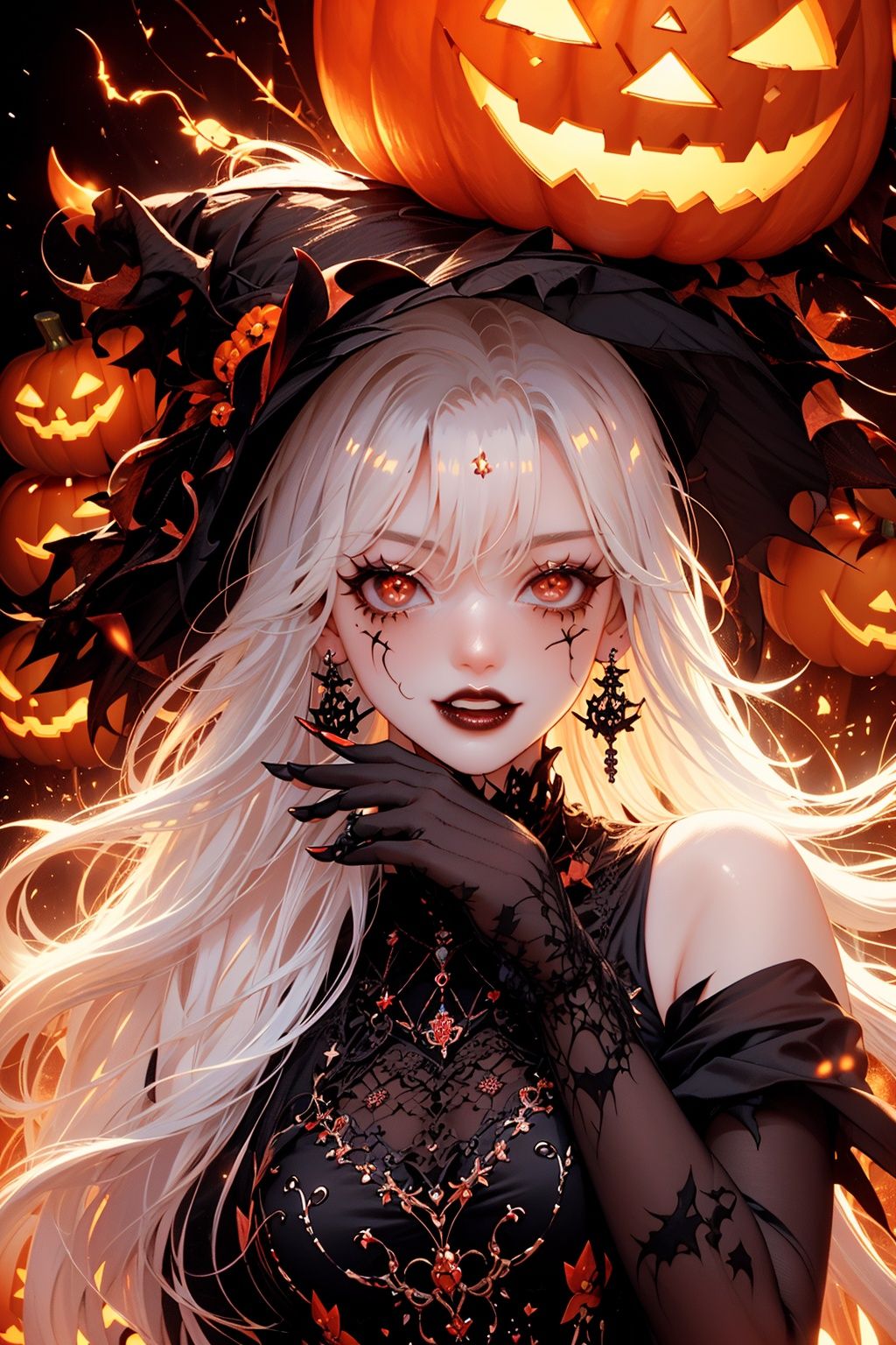  1girl,solo, photo realistic,super wide angle,evil look,eyes focus,earrings,jewelry,black hat,red eyes,face tattoo,jack-o'-lantern,pointy ears,looking at viewer,white long hair,witch hat,halloween,upper body,dress,pumpkin,white hair,black dress,breasts,black headwear,glowing,bangs,witch,thorns,castle,evening,candle,embers,black background,full moon,blood lips,medium breasts,fire,3D rendering,zichun
