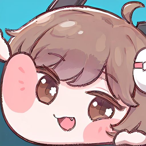 Trickcal Revive, virtual youtuber, blue eyes, 1girl, solo, nanashi mumei, open mouth, brown hair, blue background, close-up, hair ornament, looking at viewer, smile, bangs, simple background, blush stickers, blush, no humans, chibi