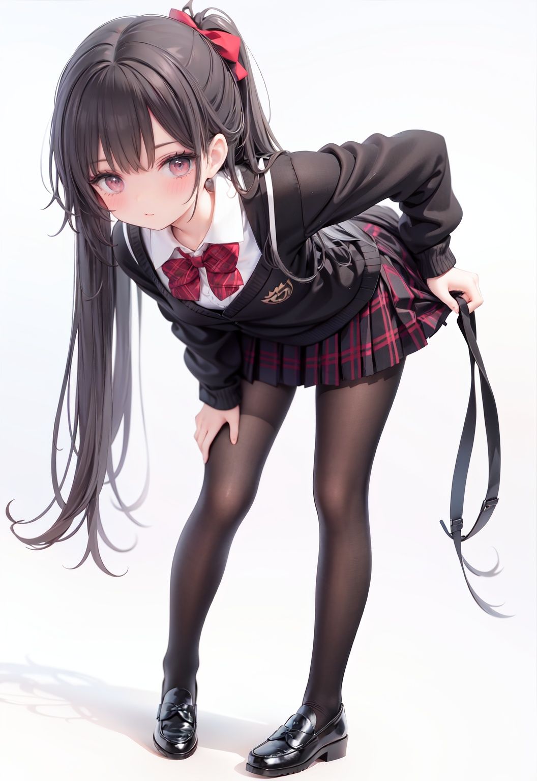  1girl, solo, pantyhose, skirt, long hair, loafers, shoes, simple background, school uniform, brown eyes, plaid, black pantyhose, plaid skirt, looking at viewer, black hair, pantyhose pull, full body, clothes pull, black footwear, pleated skirt, leaning forward, bangs, long sleeves, bent over, cardigan, bow, bowtie, standing, closed mouth, pulled by self, grey background, blush, miniskirt, red bow, sweater, **********