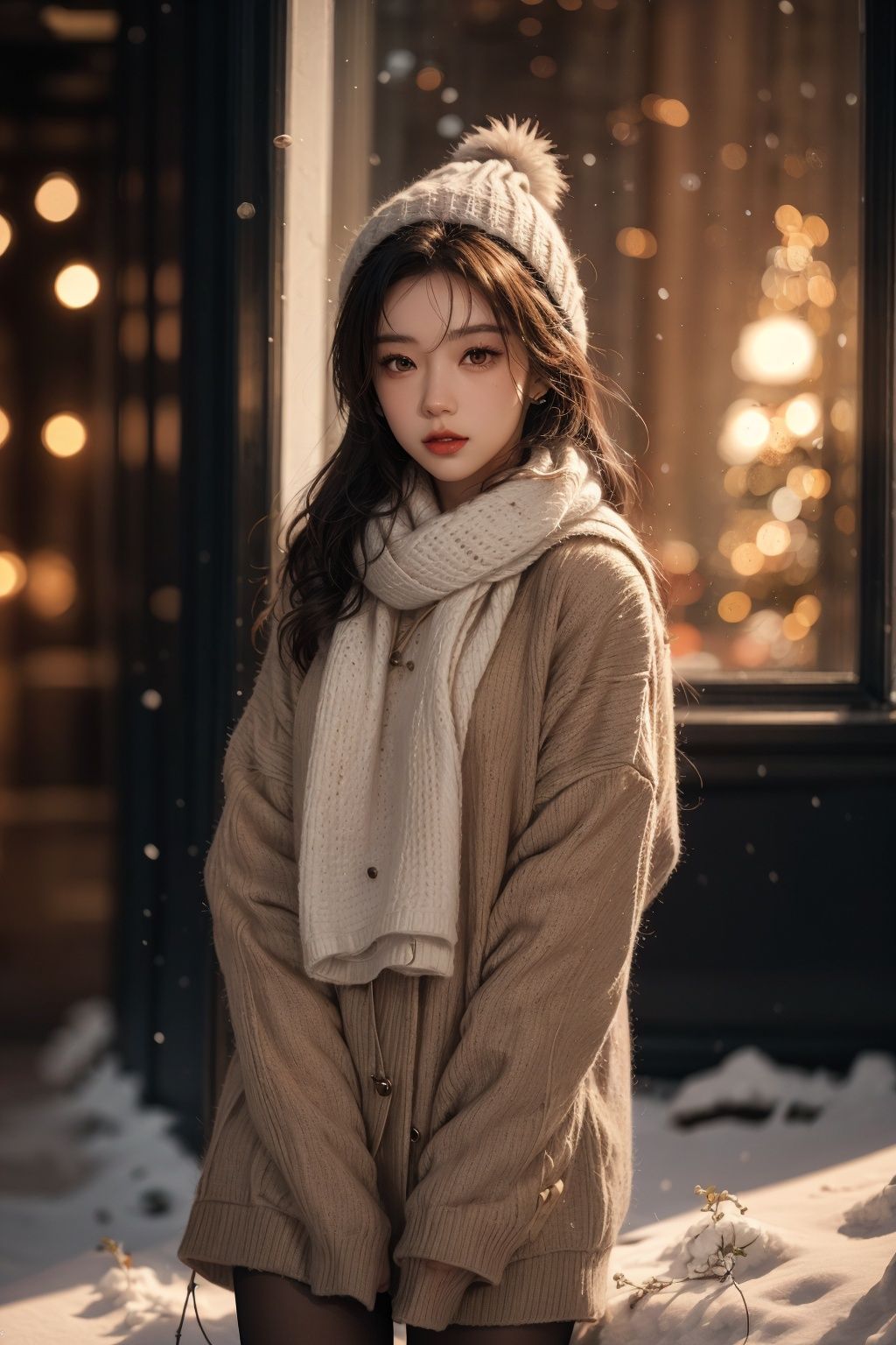  night, Christmas, Street, Architecture, The sky, Snow land, Winter, snow, beautiful youth girl, pantyhose, Sweater, White scarf, Hat, Short hair, real light, super realistic, master works, ultra fine, detailed, correct human body structure, Glass, Window, Frame, Sticker, Bell, christmas tree, depth of field, ray tracing, OC renderer, best quality, 8K,(beautiful face:1.5),