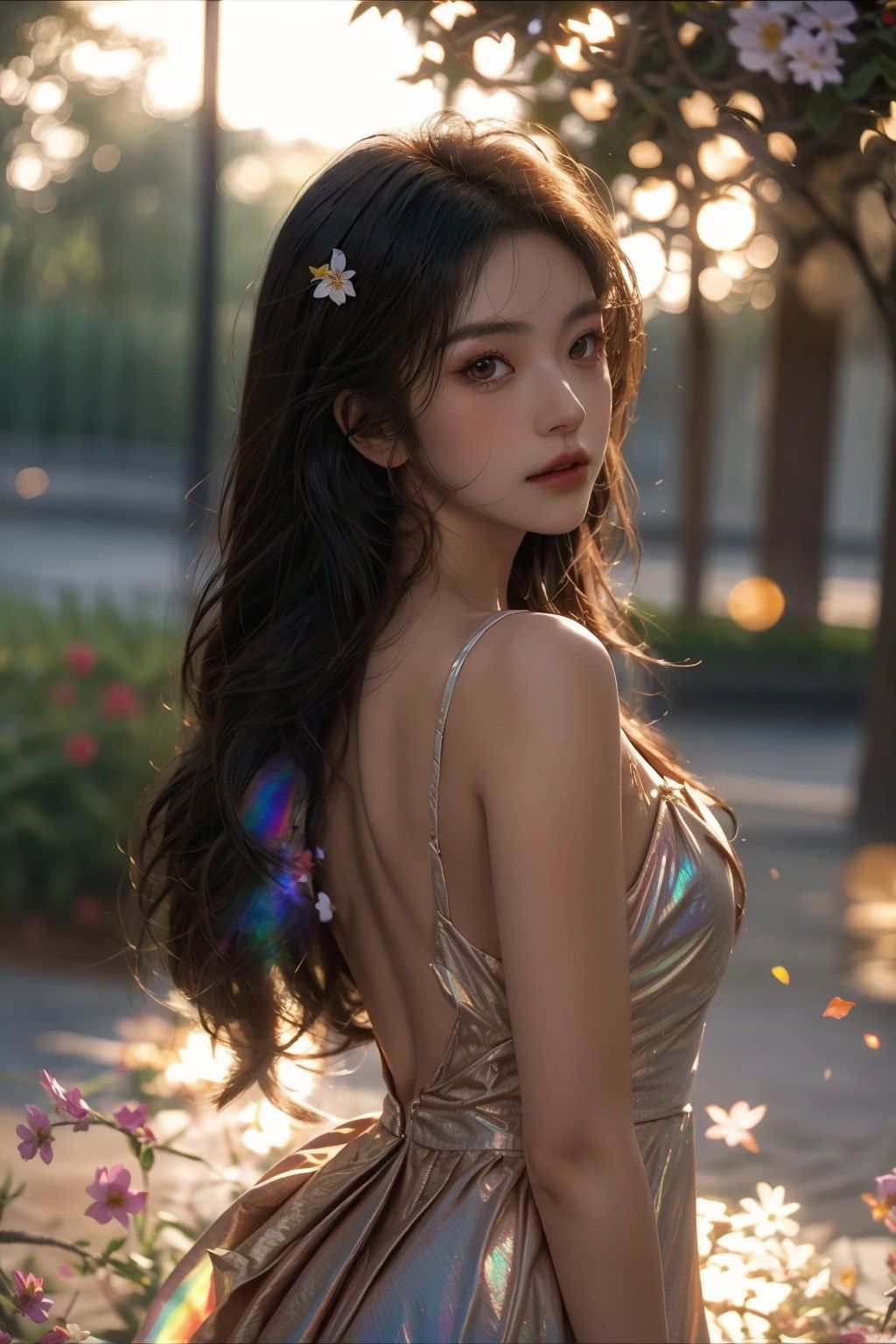  close up of young woman with beautiful blowing hair and mesmerizing eyes, wearing a flowing red gold dress made of petals, in a serene garden filled with blooming flowers, a representation of beauty and grace, charming, cute, beautiful, ultra detailed, dream like shot, 8k, sunset,((holographic))), (((rainbowish))), expressive, cinematic, dynamic pose,midjourney,1girl