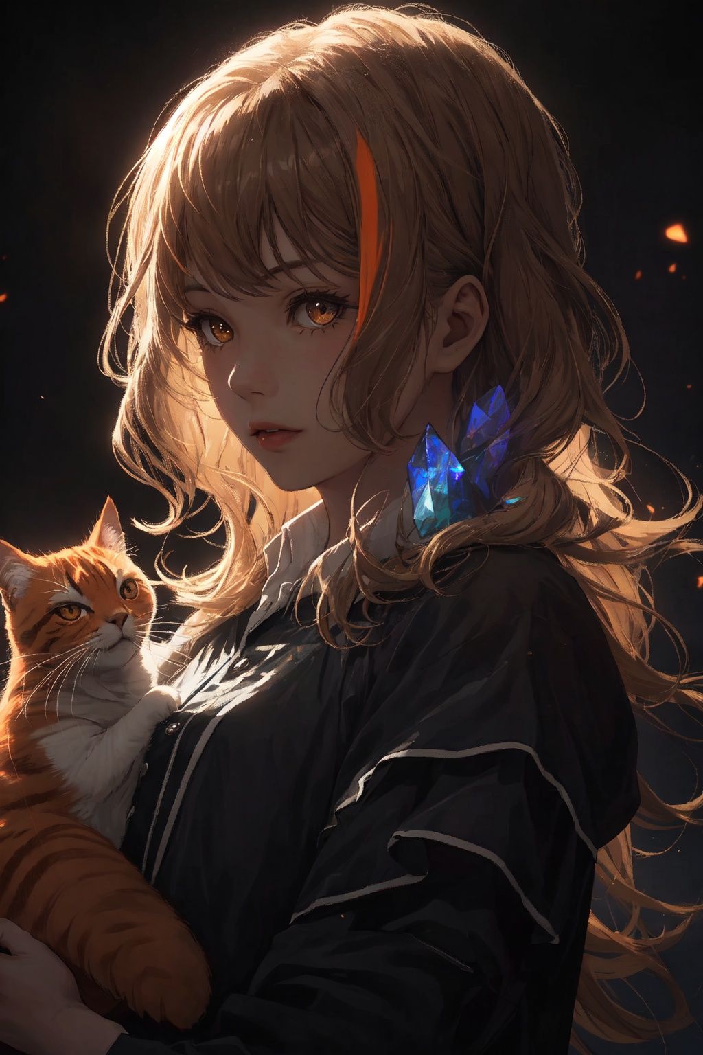  photorealistic of cute girl holding an (orange cat), Lolita, mane, multicolored hairlighting, glowing crystals, hyper detailed, detailed glow, ambient occlusion, ambient light,Beautiful dynamic dramatic dark moody lighting, volumetric, shadows, BREAK, 35mm photograph, grainy, professional, 8k, highly detailed, Hasselbald 50mm lens f/1.9, [by ethan for CGArt Mayfly model]