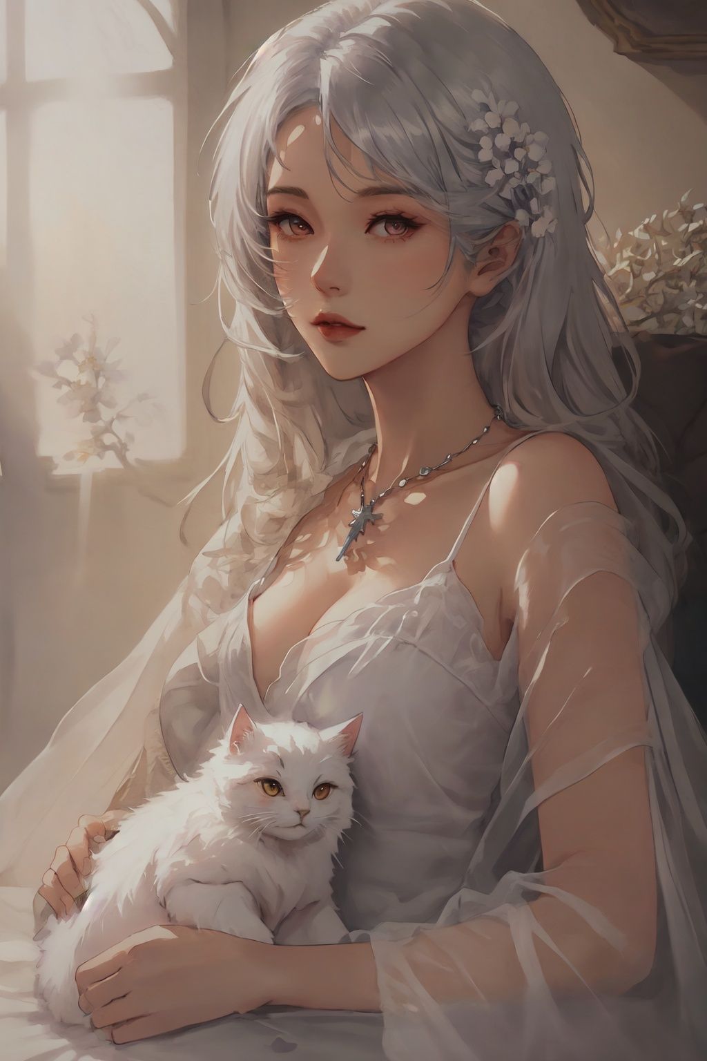 oil painting of a woman with a (Angora\(cat\)),  lying,  detailed painting inspired by Charlie Bowater on Tensor.Art