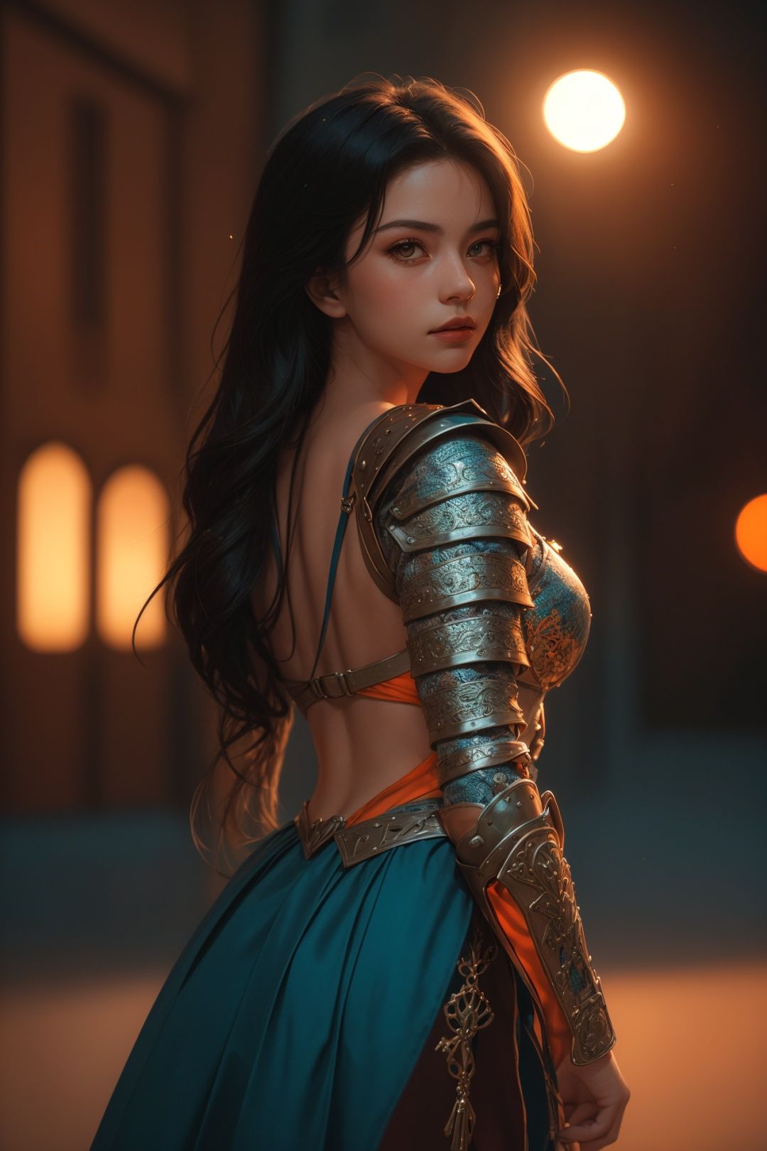  (absurdres, highres, ultra detailed)(masterpiece), (extremely intricate:1.3), (realistic), portrait of a girl\( the most beautiful in the world, (medieval armor), metal reflections, upper body, look back\), sharp focus, BREAK, outdoors, intense sunlight, far away castle, dramatic, award winning, cinematic lighting, , volumetrics dtx, (film grain, blurry background, blurry foreground, bokeh, depth of field, sunset, motion blur:1.3), chainmail, exposure blend, medium shot, bokeh, (hdr:1.4), high contrast, (cinematic, teal and orange:1.4), (muted colors, dim colors, soothing tones:1.3), low saturation