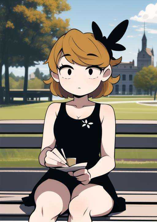 derpina,  detailed background,  sitting on bench on Tensor.Art