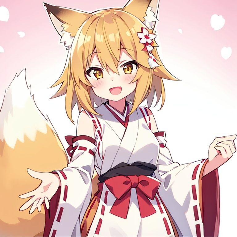 1girl, fox ears, solo,fox tail, open mouth, japanese clothes, hair ornament, smile, flower, blonde hair, miko, hair flower, looking at viewer, animal ear fluff, ribbon trim, hair between eyes, fox girl, short hair, brown eyes, ribbon-trimmed sleeves, wide sleeves, white background, long sleeves, outstretched arms, yellow eyes,   <lora:xian_1.0:1>