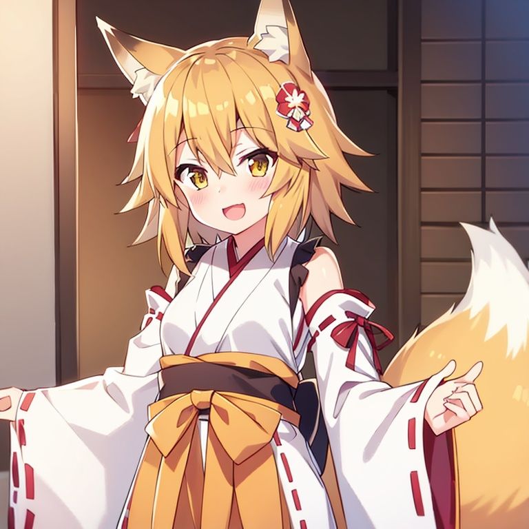 1girl, fox ears, solo,fox tail, open mouth, japanese clothes, hair ornament, smile, flower, blonde hair, miko, hair flower, looking at viewer, animal ear fluff, ribbon trim, hair between eyes, fox girl, short hair, brown eyes, ribbon-trimmed sleeves, wide sleeves, white background, long sleeves, outstretched arms, yellow eyes,   <lora:xian_1.0:1>