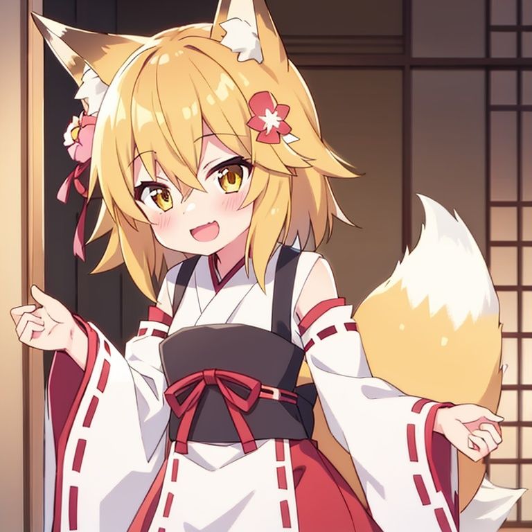 1girl, fox ears, solo,fox tail, open mouth, japanese clothes, hair ornament, smile, flower, blonde hair, miko, hair flower, looking at viewer, animal ear fluff, ribbon trim, hair between eyes, fox girl, short hair, brown eyes, ribbon-trimmed sleeves, wide sleeves, white background, long sleeves, outstretched arms, yellow eyes,   <lora:xian_1.0:1>