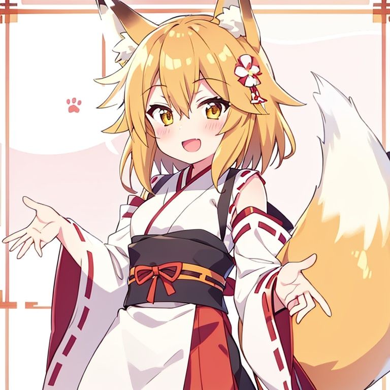 1girl, fox ears, solo,fox tail, open mouth, japanese clothes, hair ornament, smile, flower, blonde hair, miko, hair flower, looking at viewer, animal ear fluff, ribbon trim, hair between eyes, fox girl, short hair, brown eyes, ribbon-trimmed sleeves, wide sleeves, white background, long sleeves, outstretched arms, yellow eyes,   <lora:xian_1.0:1>