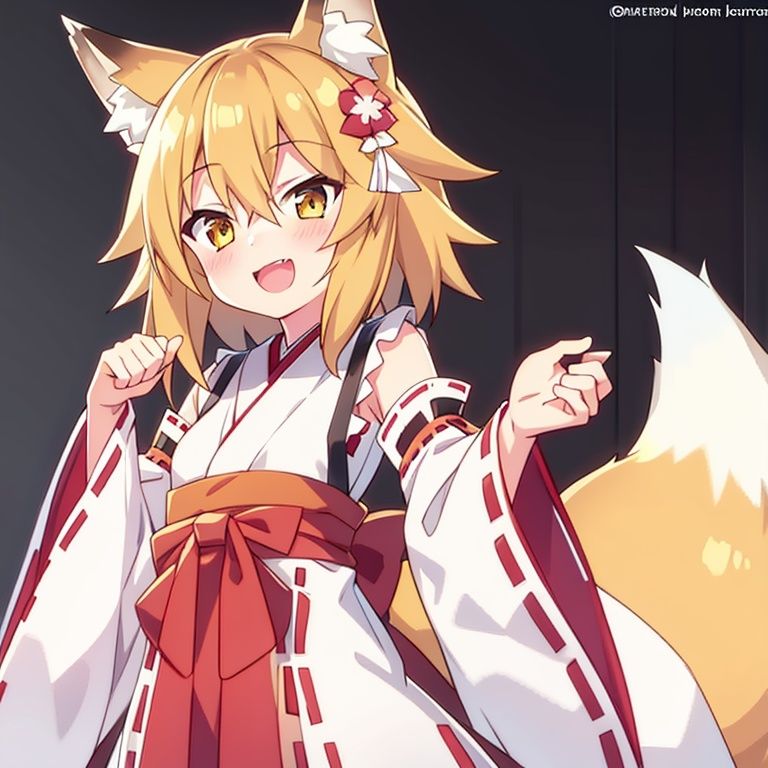1girl, fox ears, solo,fox tail, open mouth, japanese clothes, hair ornament, smile, flower, blonde hair, miko, hair flower, looking at viewer, animal ear fluff, ribbon trim, hair between eyes, fox girl, short hair, brown eyes, ribbon-trimmed sleeves, wide sleeves, white background, long sleeves, outstretched arms, yellow eyes,   <lora:xian_1.0:1>