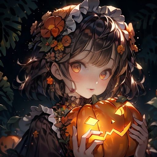 <lora:万圣节头像2-000006:0.9>,Halloween,1girl,solo,jack-o'-lantern,looking at viewer,flower,short hair,hair ornament,portrait,pumpkin,hair flower,bangs,glowing,leaf,orange eyes,halloween,closed mouth,lips,brown hair,frills,
