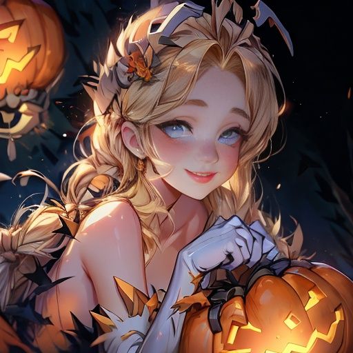 <lora:万圣节头像2-000001:1>,Halloween, 1girl, jack-o'-lantern, solo, blue eyes, pumpkin, looking at viewer, halloween, mercy \(overwatch\), blonde hair, smile, long hair, gloves, white gloves, lips, bare shoulders, glowing, nose, elbow gloves, upper body
