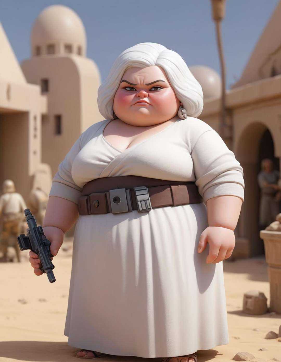 Pixel Art pixelated pixel pixel  , A fat white haired woman on vacation enjoying the local party scene  at afternoon in Mos Eisley on the planet Tatooine in Star Wars , a look of severe determination 