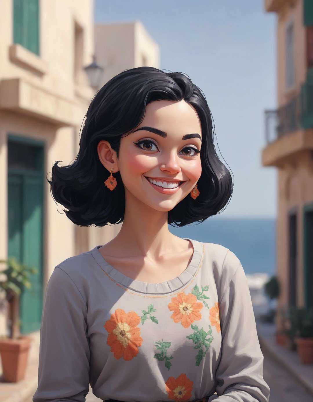 Pixel Art pixelated pixel pixel  , extremely content happy smile , + / A fit black haired woman in ALGIERS in spring at afternoon 