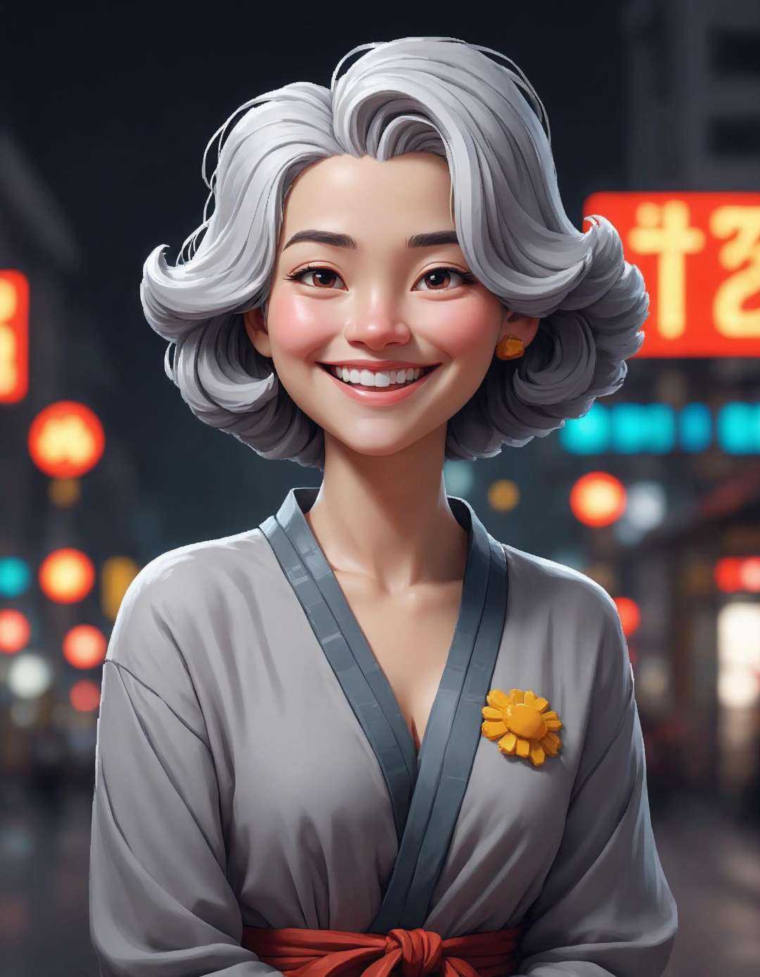 Pixel Art pixelated pixel pixel  , extremely content happy smile , + / A fit grey haired woman in BEIJING in summer at night 