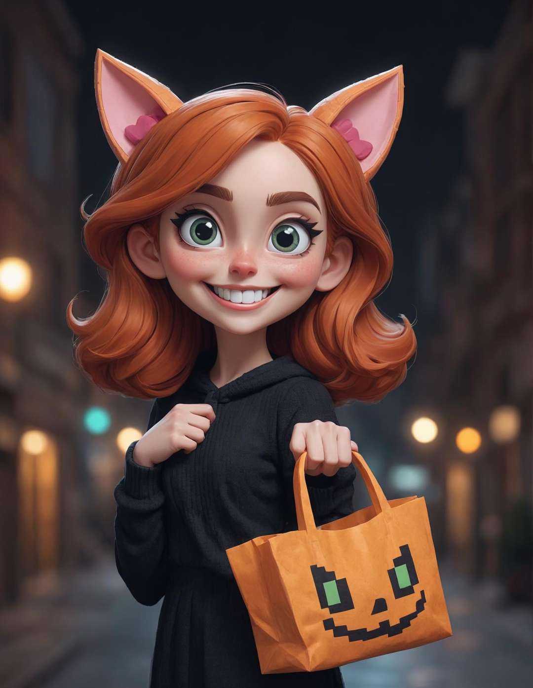Pixel Art pixelated pixel pixel , extremely content happy smile , + / A fit red haired woman at night in the city, holding a trick or treat bag, wearing a kitty ears halloween costume, (big eyes:1.3) by Dreamworks Studios