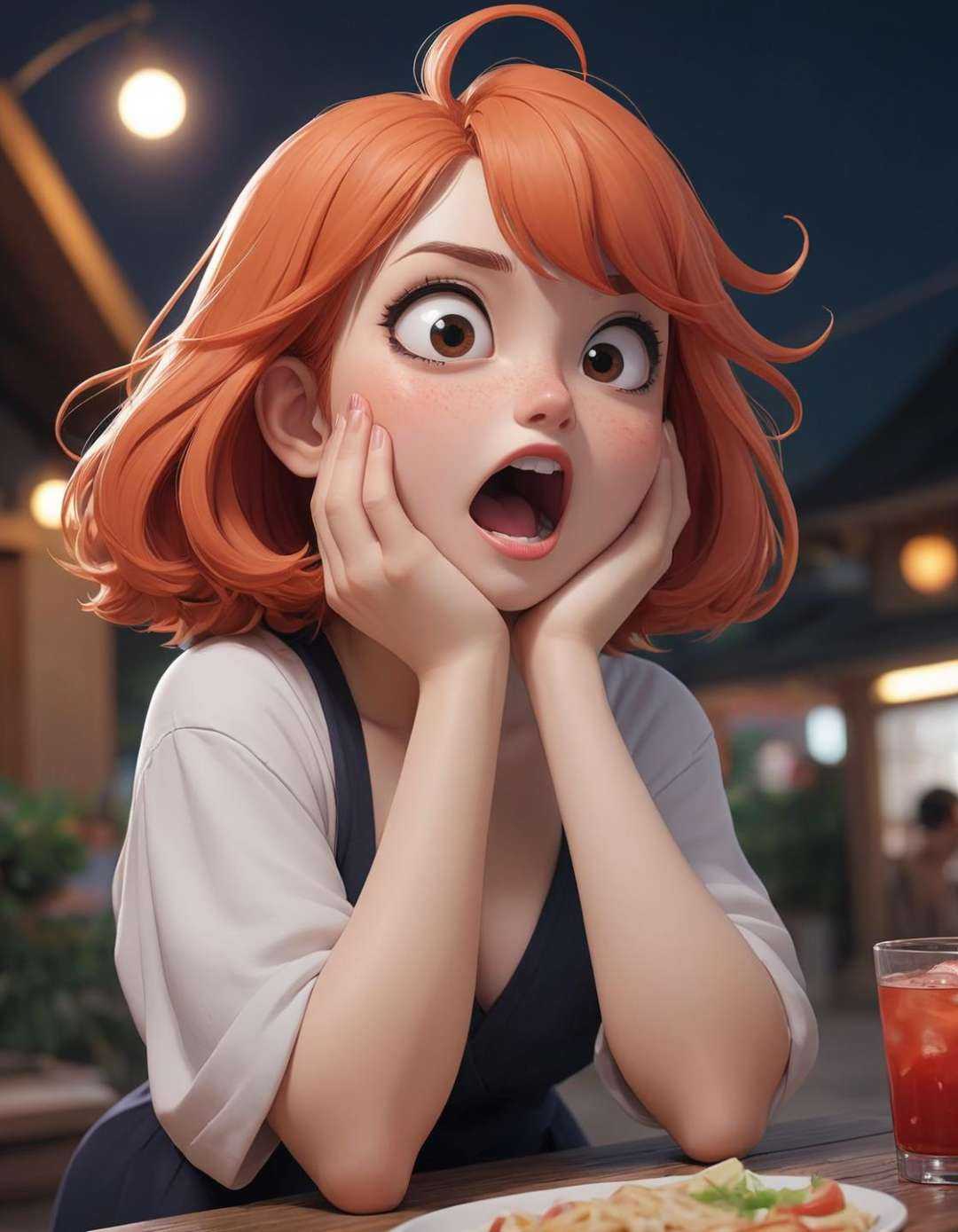 anime niji illustration , a look of shock , + / A dwarf red haired woman on vacation enjoying the local party scene in Tangshan at midnight