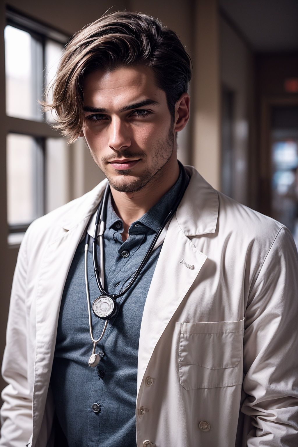 portrait of a handsome doctor with friendly eyes,  dressed in a crisp white coat. Soft,  natural lighting highlights his c...