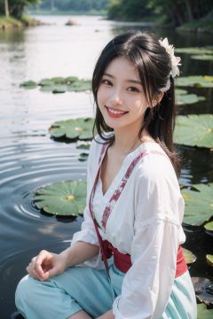 1girl,moyou,masterpiece,best quality,summerstyle,lotusstyle,1girl,black hair,solo,realistic,smile,hair ornament,flower,teeth,grin,lotus,lily pad,hanfu,