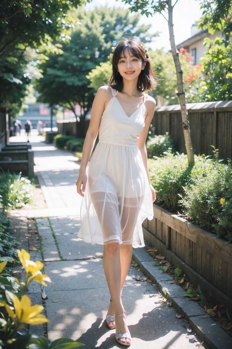 1girl,moyou,full body,stars in the eyes,pure girl,(full body:0.5),There are many scattered luminous petals,hidding in the light yellow flowers,Depth of field,Many scattered leaves,branch,angle,contour deepening,cinematic angle,white dress,smiling,