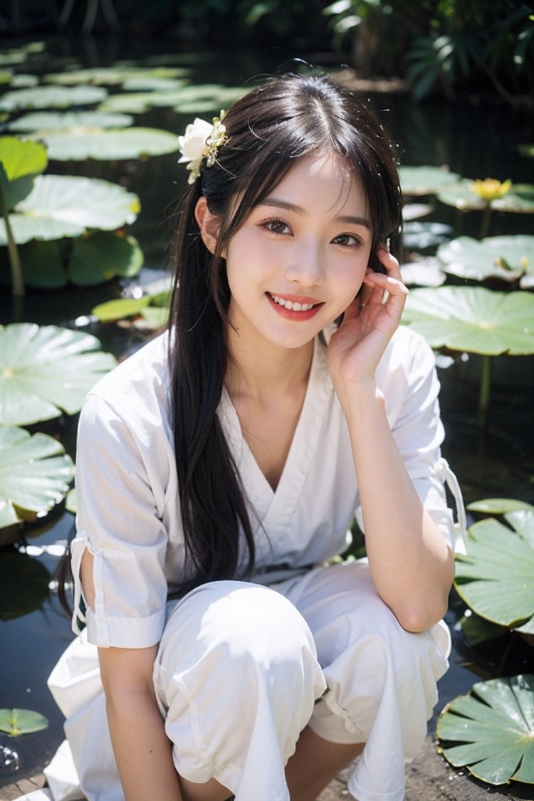 1girl,moyou,masterpiece,best quality,summerstyle,lotusstyle,1girl,black hair,solo,realistic,smile,hair ornament,flower,teeth,chinese clothes,grin,lotus,lily pad,hanfu,
