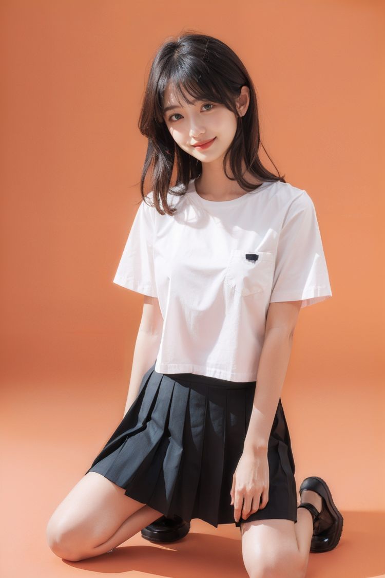 1girl,moyou,orange background,pleated_skirt,white shirt,kneeling,loli,smile,