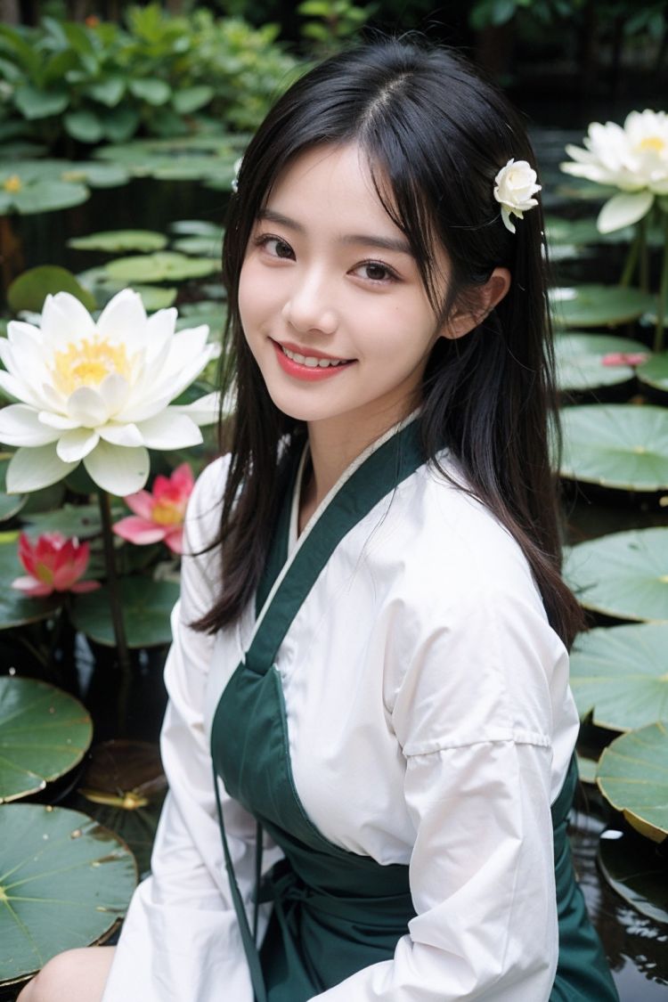 1girl,moyou,masterpiece,best quality,summerstyle,lotusstyle,1girl,black hair,solo,realistic,smile,hair ornament,flower,teeth,chinese clothes,grin,lotus,lily pad,hanfu,