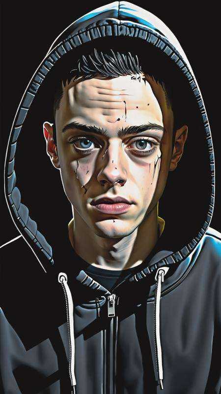 (Elliot Alderson) in a psychotic attack, Elliot Alderson from mr robot, Mr robot, (photorealistic), photo, ultra detailed photo, serious face, close up of Elliot Anderson, (splitted personality, shattering skin, computer glitch effect), paranoic photo, dark athmosphere, black hoodie, serious face
