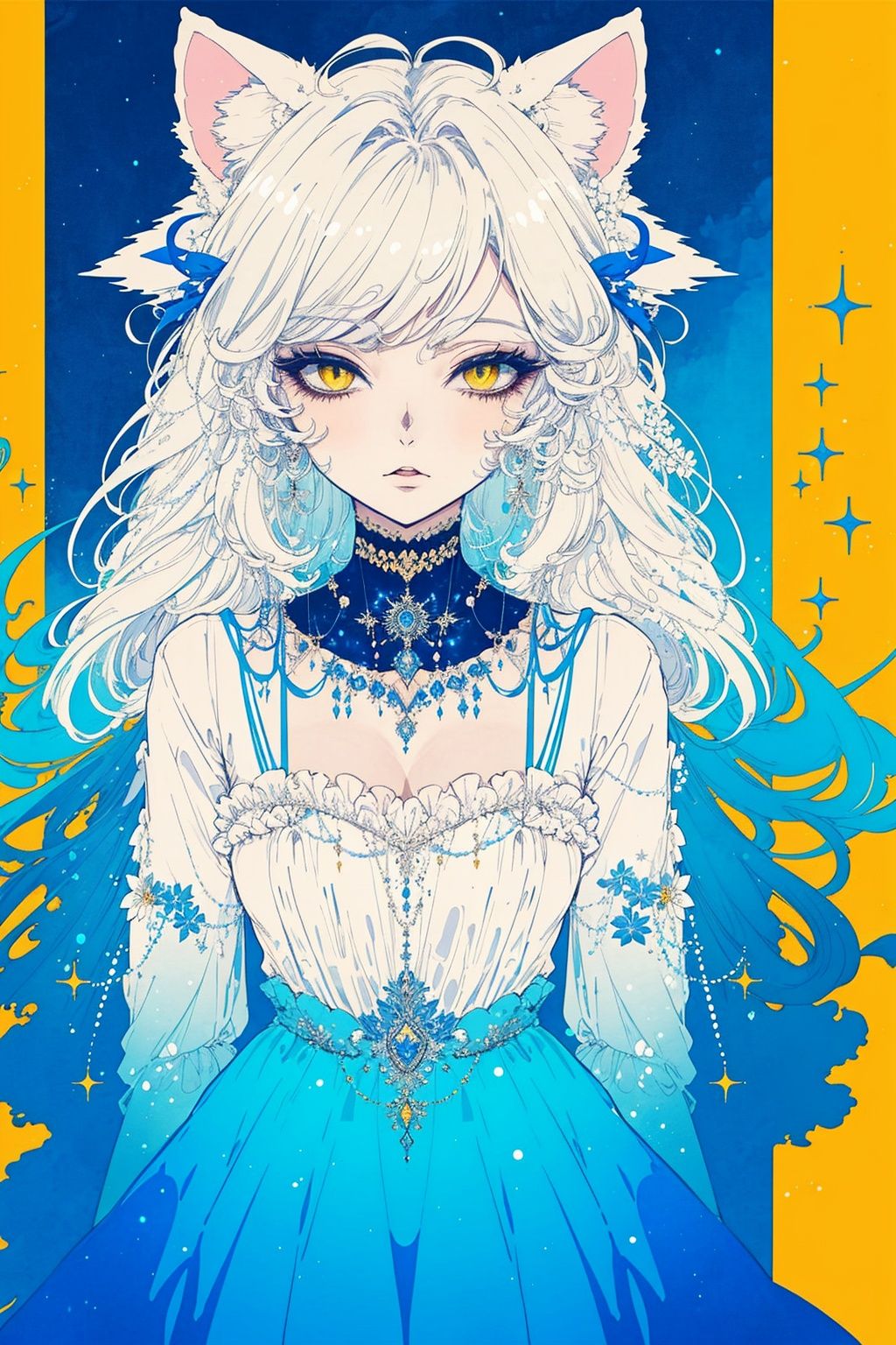  (((masterpiece, best quality))), ,1girl,long dress,,blue yellow theme,white hair,cat ears,