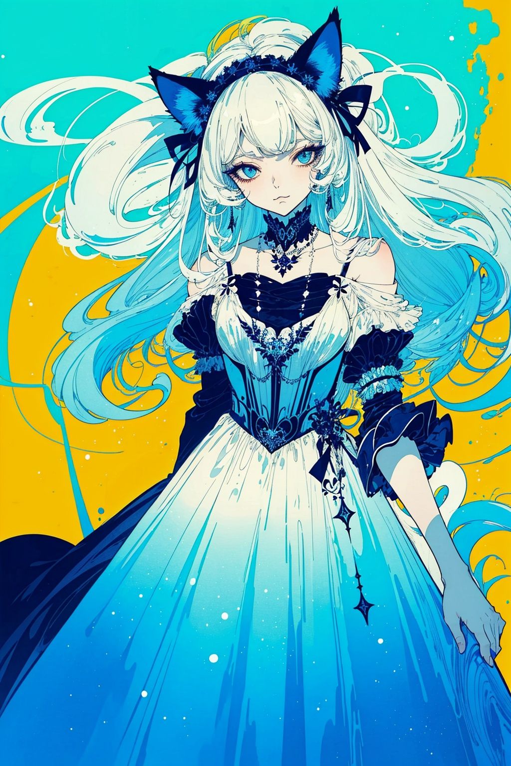  (((masterpiece, best quality))), ,1girl,long dress,,blue yellow theme,white hair,cat ears,