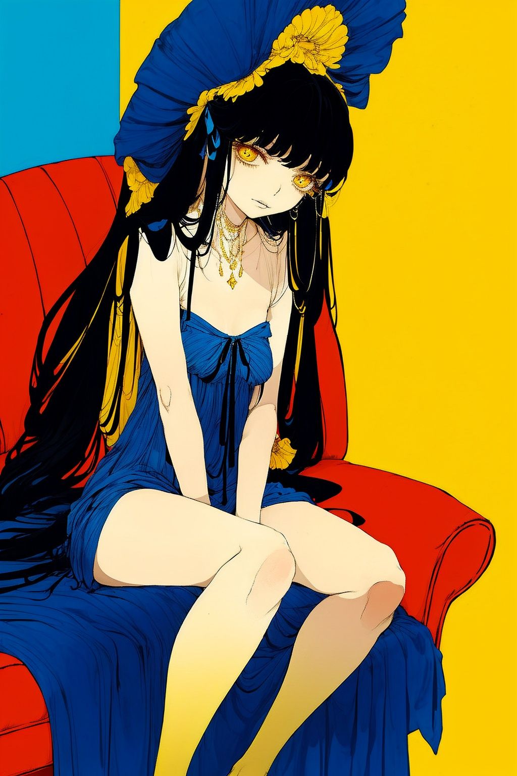 1girl, long hair,short dress,sitting on couch,,blue yellow theme,  <lora:JTCRE-000003:1> ,<lora:add_detail:1>, (((masterpiece,best quality))),((good structure,Good composition,good atomy)), ((clear, original,beautiful)),