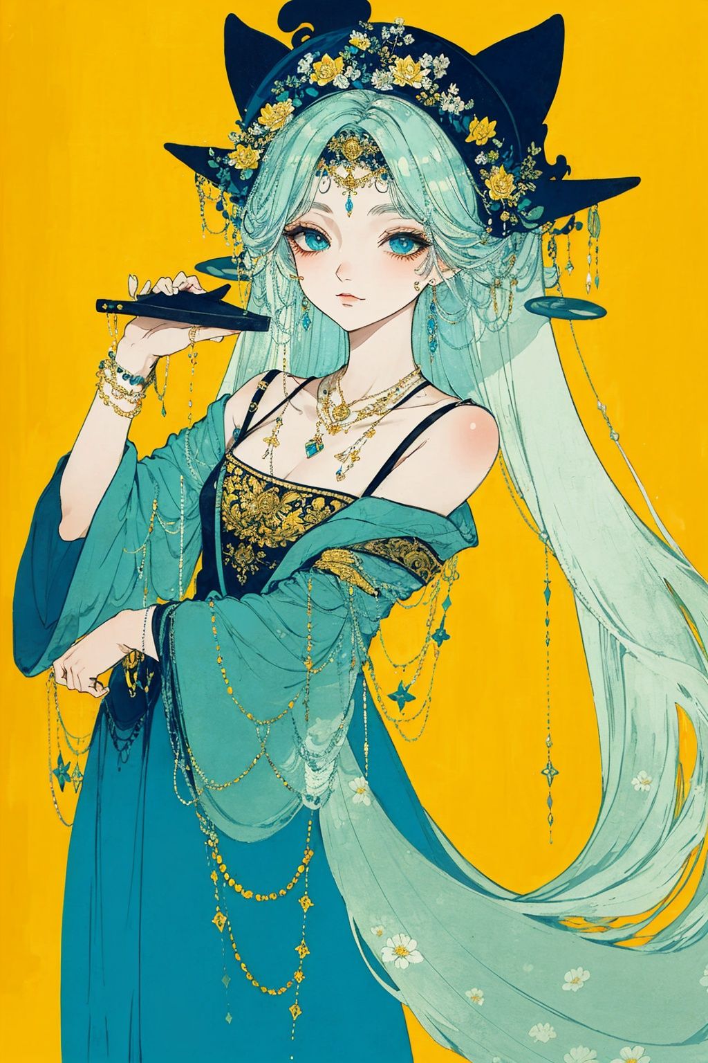  (((masterpiece, best quality))), ,1girl,long dress,,blue yellow theme,white hair,cat ears,