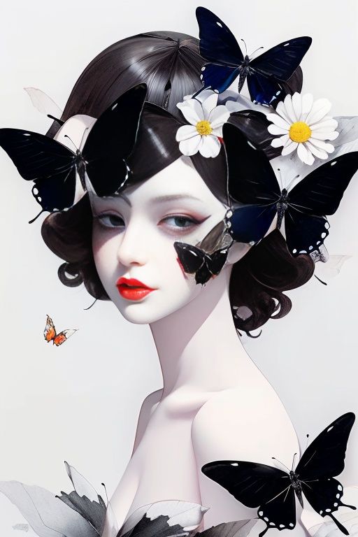 <lora:水墨人像-v1:0.6>,Ink painting,1girl,butterfly,bug,solo,flower,red lips,covered eyes,black hair,portrait,white butterfly,closed mouth,lips,simple background,collarbone,white background,