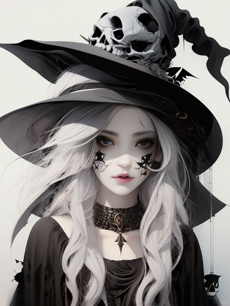 <lora:水墨人像-v1:0.8>,Ink painting, 1girl, solo, hat, skull, witch hat, lips, looking at viewer, facial mark, upper body, holding skull, grey eyes, witch, long hair, black headwear, grey hair, parted lips, pale skin