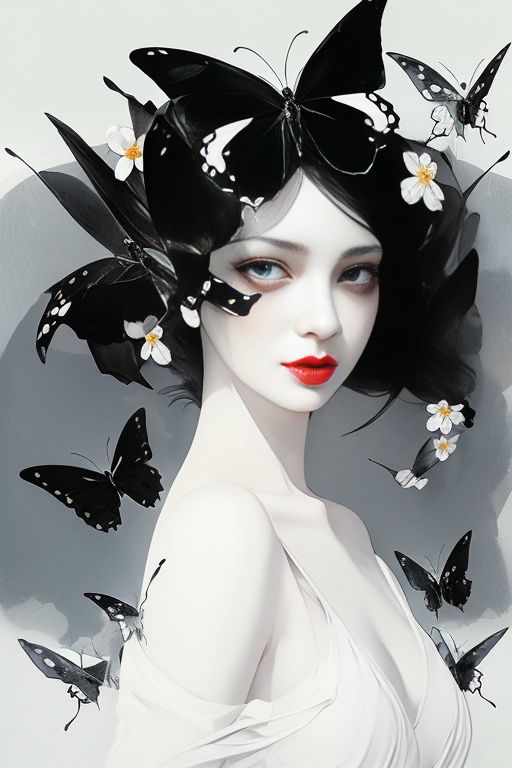 Ink painting,  1girl,  butterfly on Tensor.Art
